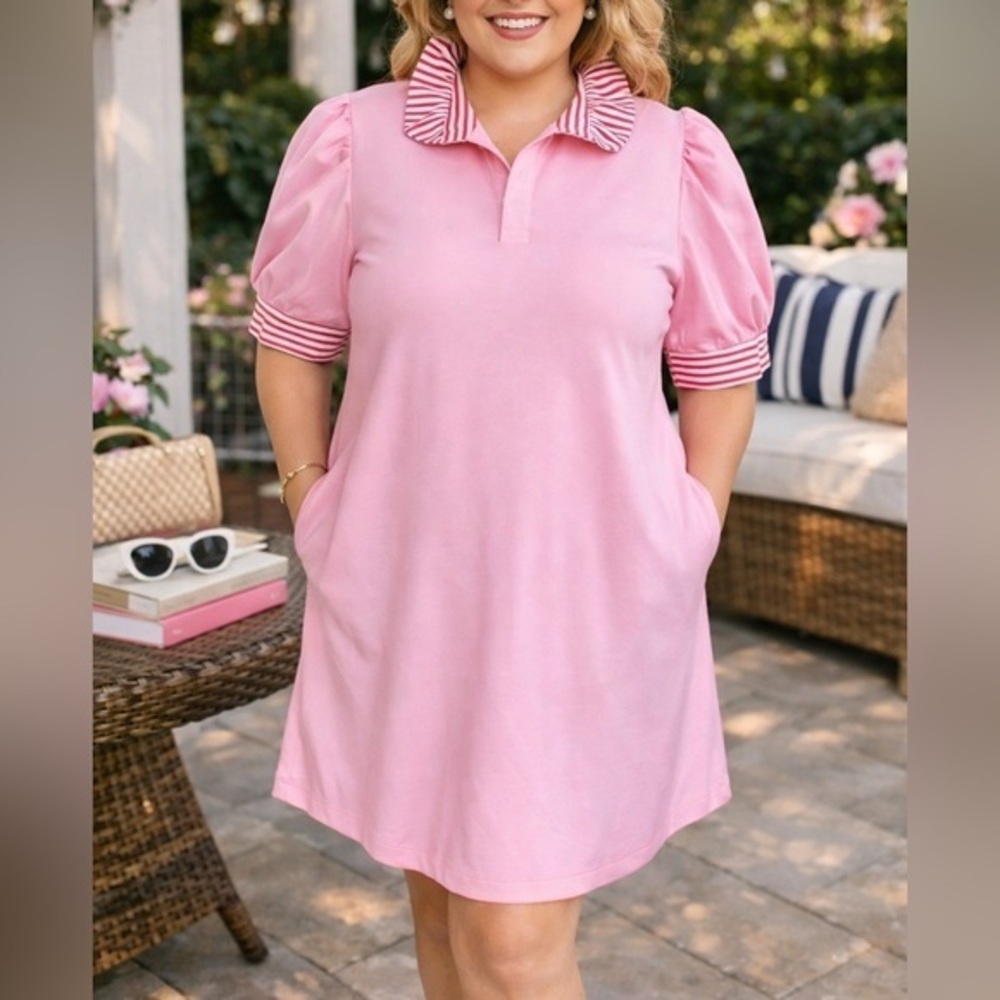 NWT Entro Pink Preppy Stretch Dress 1X Striped Collar Plus Boutique
